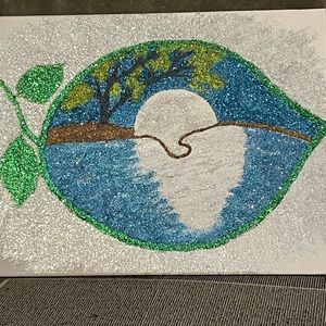 Glitter handmade art painting leaf and moon over lake